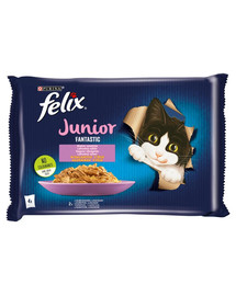 FELIX FANTASTIC Junior Skonių mišinys  drebučiuose (vištiena, lašiša) 4x85g drėgno maisto kačiukams