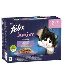 FELIX FANTASTIC Junior Skonių miksas drebučiuose (jautiena, vištiena, sardinė, lašiša) 12x85g drėgno maistas  kačiukams