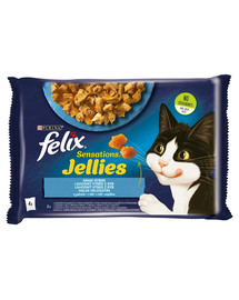 FELIX Sensations Jellies Žuvies skonio drebučiuose  (lašiša ir krevetės, vandenyno žuvis su pomidorais)  85gdrėgnas kačių maistas