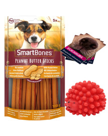 SmartBones Peanut Butter Sticks 5 vnt kramtukas žemės riešutų sviestas šunims + PET NOVA DOG LIFE STYLE kamuoliukas ežiukas, 6,5 cm raudonas