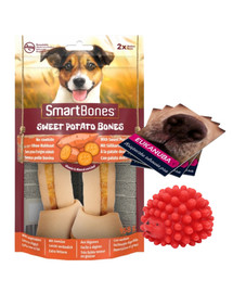 SmartBones Sweet Potato medium 2 vnt kramtukas saldžiosios bulvės vidutinės veislės šunims + PET NOVA DOG LIFE STYLE kamuoliukas ežiukas, 6,5 cm raudonas
