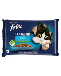 FELIX FANTASTIC  Žuvies skonio drebučiuose (lašiša su cukinija, upėtakis su pupelėmis)4x85g drėgnas kačių maistas