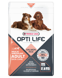 VERSELE LAGA Opti Life Adult Skin Care Medium & Maxi ėdalas suaugusiems vidutinių ir didelių veislių šunims su lašiša ir ryžiais 12,5 kg