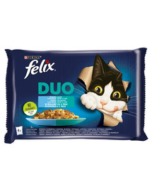FELIX Duo Žuvies skonio drebučiuose (juodoji menkė ir lašiša, silkė ir upėtakis, lašiša ir sardinės, upėtakis ir skumbrė) 4x85 g drėgno kačių maistas