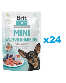 BRIT Care Mini Pouch Lašiša ir silkė Sterilizuota 24x85g drėgnas maistas mažų veislių kastruotiems šunims