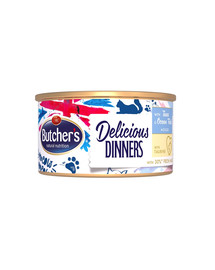 BUTCHER'S Classic Delicious Dinners konservai putėsiai su tunais ir jūrų žuvimi 85 g