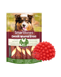 SmartBones Chicken Wrap Sticks mediumvnt kramtukas šunims  vištiena + PET NOVA DOG LIFE STYLE kamuoliukas ežiukas, 6,5 cm raudonas