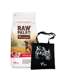 VETEXPERT Raw Paleo Beef puppy medium 10kg vidutinių veislių šuniukams + drobinis krepšys NEMOKAMAI