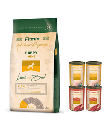 FITMIN Dog Mini Puppy Lamb&Beef 12 kg mažų veislių šuniukams + 4 skardinės maisto NEMOKAMAI