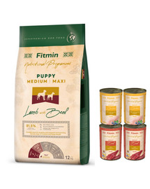 FITMIN Dog Nutritional Programme Medium Maxi Puppy Lamb&Beef 12 kg vidutinių ir didelių veislių šuniukams + 4 skardinės maisto NEMOKAMAI