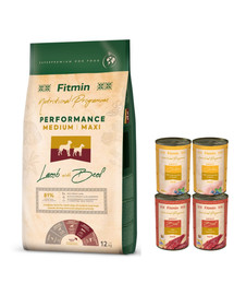 FITMIN Dog Nutritional Programme Medium Maxi Performance Lamb&Beef 12 kg suaugusiems vidutinių ir didelių veislių labai aktyviems šunims + 4 skardinės maisto NEMOKAMAI
