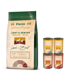 FITMIN Dog Nutritional Programme Medium Maxi Light Senior Lamb&Beef 12 kg vyresniems vidutinių ir didelių veislių šunims  + 4 skardinės maisto NEMOKAMAI