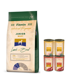 FITMIN Dog Nutritional Programme Maxi Junior Lamb&Beef 12 kg didelių veislių šuniukams + 4 skardinės maisto NEMOKAMAI