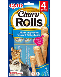 INABA Churu Rolls Chicken 4x10g vištienos, tuno ir šukučių suktinukai katėms