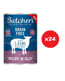 BUTCHER'S Original Recipe in Jelly, ėdalas šunims, gabaliukai su ėriena želė 24 x 400g