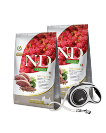 FARMINA N&D Quinoa Neutere Adult Mini antis, brokoliai ir šparagai 2 x 7 kg sterilizuotiems šunims + FLEXI New Comfort L juosta 8 m NEMOKAMAI