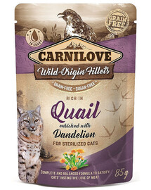 CARNILOVE Cat Pouch Quail with Dandelion 85g drėgnas maistas sterilizuotoms katėms Putpelės su kiaulpienėmis