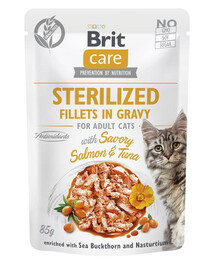 BRIT CARE Fillets in Gravy Pouch Sterilized Savory Salmon&Tuna 24x85g su lašiša ir tunu sterilizuotoms katėms