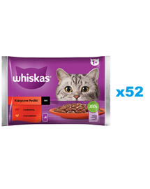 WHISKAS Adult paketėlis 52x85g Classic Meals drėgnas maistas suaugusioms katėms su jautienos, vištienos padažu