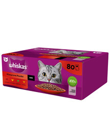 WHISKAS Adult 80 x 85 g "Classic Meals" - drėgnas maistas suaugusioms katėms, su padažu (su jautiena, vištiena, ėriena, paukštiena)