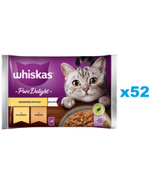 WHISKAS Adult paketėlis 52x85g Paukštienos frikasė drėgnas kačių ėdalas želė su: vištiena, kalakutiena