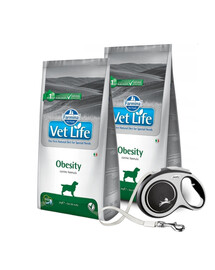 FARMINA Vet Life Obesity Dog 2 x 12 kg maistas antsvorio turintiems šunims + FLEXI New Comfort L Tape 8 m pavadėlis DOVANU
