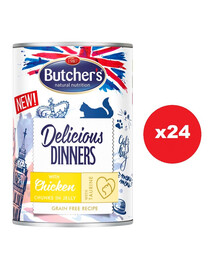 BUTCHER'S Delicious Dinners, maistas katėms, gabalėliai su vištiena drebučiuose 24 x 400g