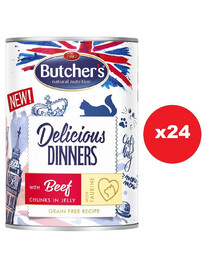 BUTCHER'S Delicious Dinners, ėdalas katėms, gabalėliai su jautiena drebučiuose 24 x 400g