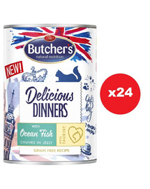 BUTCHER'S Delicious Dinners, ėdalas katėms, gabalėliai su jūros žuvimis drebučiuose 24 x 400g