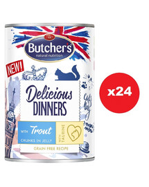 BUTCHER'S Delicious Dinners, maistas katėms, gabalėliai su upėtakiais drebučiuose 24 x 400g