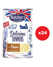 BUTCHER'S Delicious Dinners, ėdalas katėms, gabalėliai su elniena drebučiuose 24 x 400g
