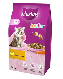 WHISKAS Junior sausas kačių maistas su vištiena 14kg + NEMOKAMAS dubenėlis