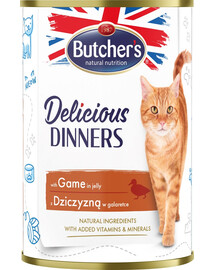 BUTCHER'S Delicious Dinners, kačių ėdalas, gabalėliai su elniena drebučiuose, 6 x 400g
