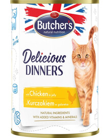 BUTCHER'S Delicious Dinners vištienos gabalėliai drebučiuose kačių šlapias pašaras 400g