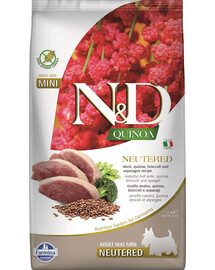 FARMINA N&D Quinoa Dog Neutere Adult Mini duck, broccoli & asparagus 2.5 kg antis, brokoliai ir šparagai šunims po kastracijos