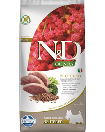 FARMINA N&D Quinoa Dog Neutere Adult Mini duck, broccoli & asparagus 7 kg antis, brokoliai ir šparagai šunims po kastracijos