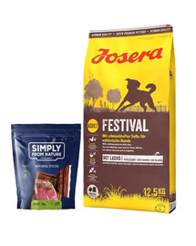JOSERA Festivalis suaugusiems neramiems šunims 12,5 kg + SIMPLY FROM NATURE Natūralūs cigarai su jautiena 3 vnt.
