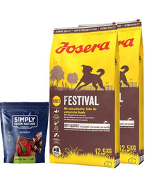 JOSERA Festivalis suaugusiems išrankiems šunims 25kg (2x12,5kg) + SIMPLY FROM NATURE Natūralios dešrelės su arkliena 200g