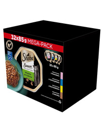 SHEBA Sauce Collection Skonių pasirinkimas 32x85 g padėklai su lašiša, tunu, vištiena, antiena