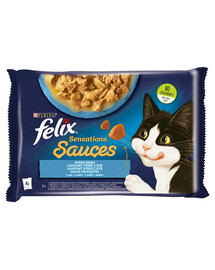 FELIX Sensations Sauce Žuvies skoniai padaže (juodoji menkė su pomidorais, sardinė su morkomis) 4x85g drėgnas kačių maistas