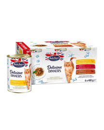 BUTCHER'S Delicious Dinners Cat Meaty selection in Jelly 12x400 g vištienos, jautienos ir žvėrienos drebučių gabalėliai katėms