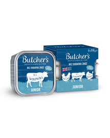 BUTCHER'S Original Junior Mix flavours vištienos, jautienos ir kalakutienos paštetas šuniukams 8x150g