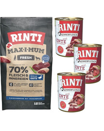 RINTI MAX-I-MUM Duck su antiena 12 kg + Kennerfleisch Duck drėgnas maistas 3x400 g