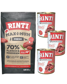 RINTI MAX-I-MUM Beef su jautiena 12 kg + "Kennerfleisch Beef beef" jautienos drėgnas maistas 3x400 g
