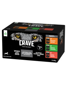 CRAVE konservų dėžutė 6x400 g - vištienos ir kalakutienos paštetas, su ėriena ir jautiena, su lašiša ir su kalakutiena (pilnas drėgnas ėdalas suaugusiems šunims be grūdų