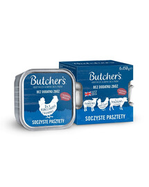 BUTCHER'S Original Juicy Paštetas Mišrių skonių su kepenimis arba inkstais 4x150 g paštetas su jautiena, su ėriena ir vištiena šunims