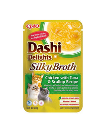 INABA Cat Dashi Delights Silky Broth Vištiena, tunas ir šukutės 40g