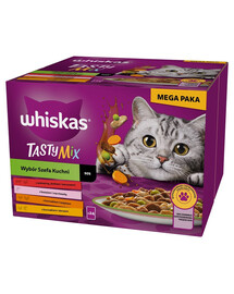 WHISKAS Adult Tasty Mix Chef's Choice su jautiena, lašiša, vištiena ir kalakutiena, vištiena ir menke suaugusioms katėms 24x85 g gabalėliai su jautiena, lašiša, vištiena ir kalakutiena, vištiena ir menke