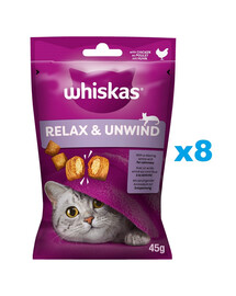 WHISKAS Atsipalaidavimas ir ramybė 8 x 45 g – skanėstas su vištiena katėms.