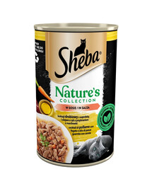 SHEBA skardinė 400 g Nature's Collection paukštienos kokteilis su kepenėlėmis ir žuvų taukais su morkų padažo garnyru